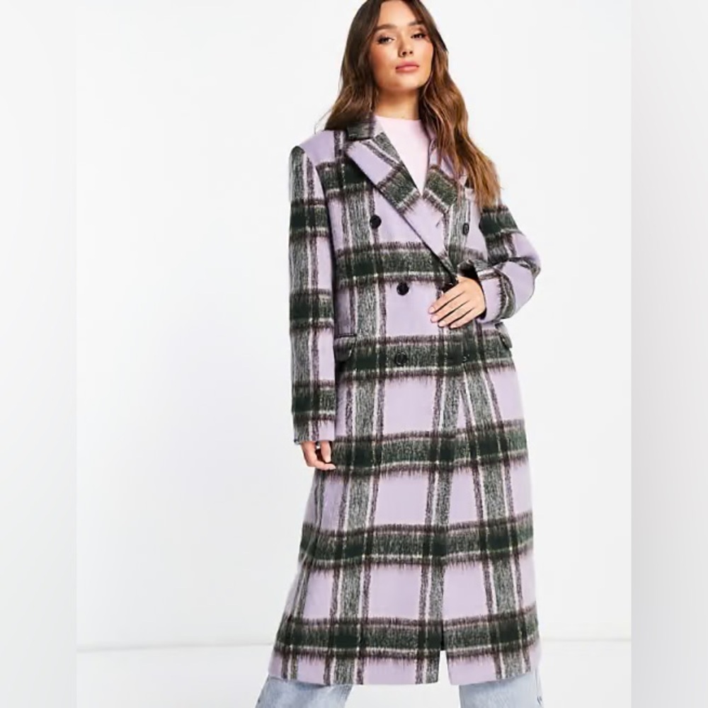 TOPSHOP Double-breasted Lilac Plaid Over Coat US 8
